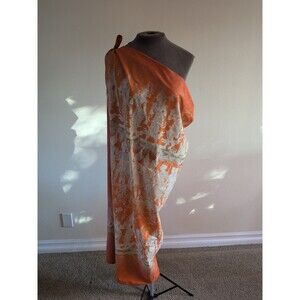 JIM THOMPSON Cotton Sarong Scarf Orange Cream Thai Batik Block Print  58" x 49"
